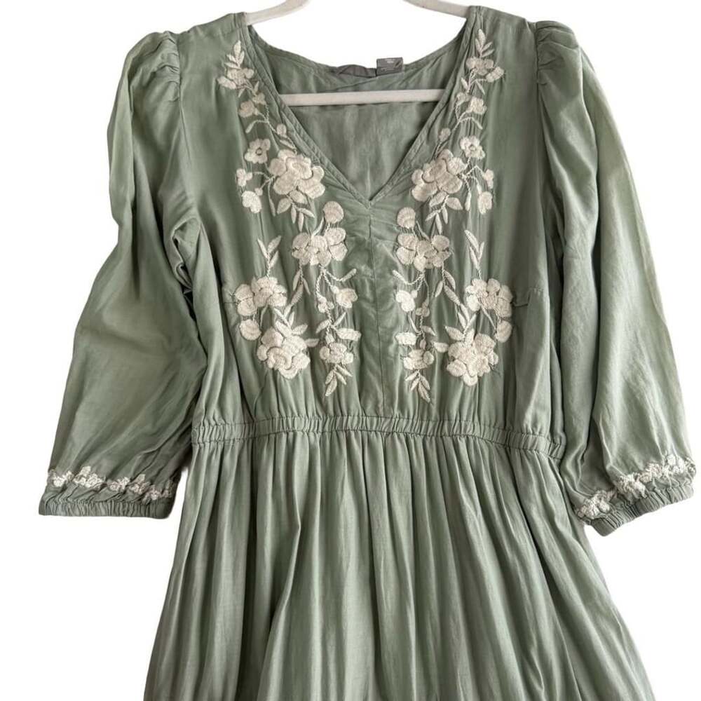 Lucky Brand Embroidered Tiered boho cottagecore Dress Size M Sage Green